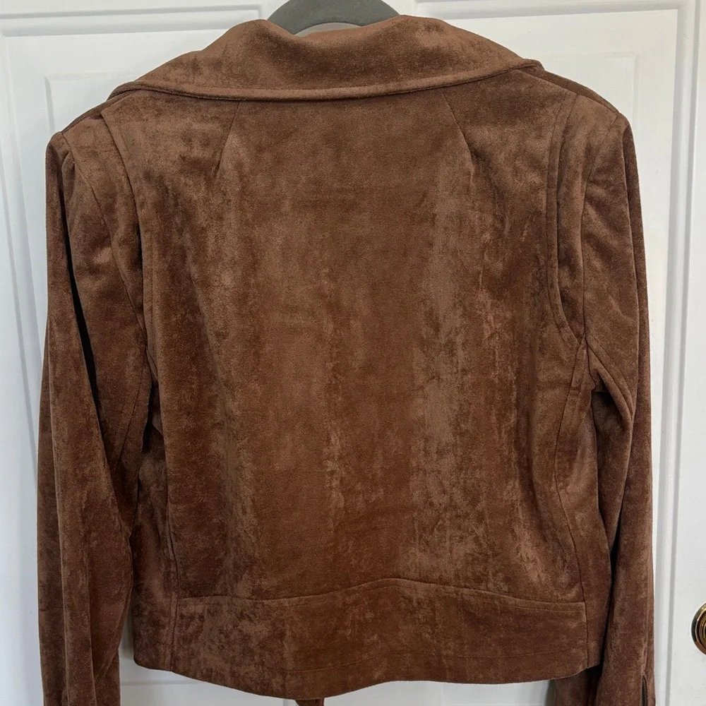 Olivaceous Brown Faux Suede Moto Jacket Size Large | Soft Zip-Up Biker Style - Picture 10 of 14